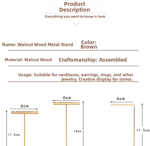 Macro detail of walnut wood and metal jewelry display stand with dimensions