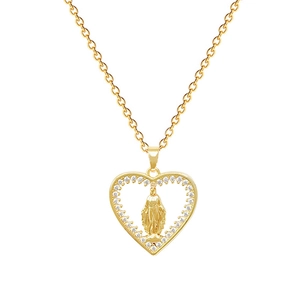 Collana cuore in acciaio titanio dorato con rilievo Vergine Maria e cristalli lucidi