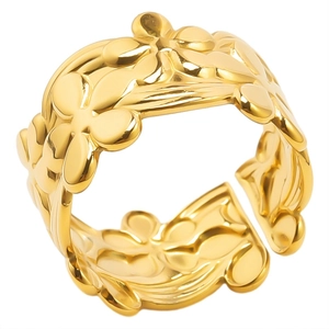 Adjustable gold stainless steel open ring featuring a minimalist five-petal flower cutout