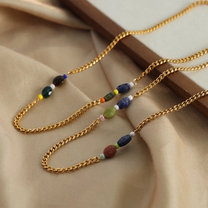Vintage gold chunky chain necklace set with colorful natural stone beads for women