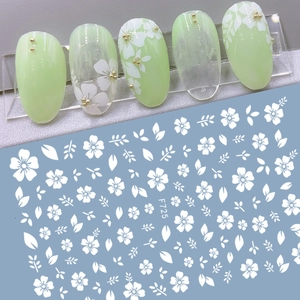 Stickers nail art fleurs de cerisier blanc avec motifs floraux dorés et affichage modèle F725