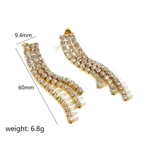 Elegant gold-plated stainless steel U-shaped tassel earrings with pavé rhinestones
