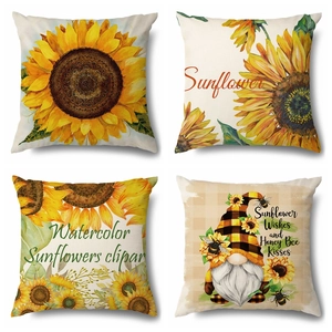 Set of four sunflower linen throw pillow covers with artistic floral and gnome patterns