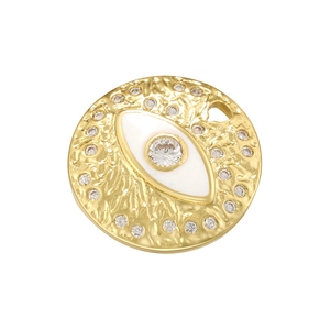 Golden evil eye pendant with white enamel and sparkling crystals on a textured metal frame