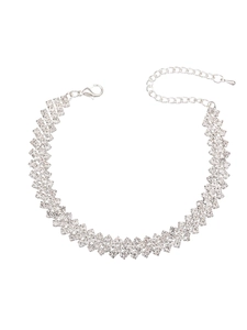 Macro detail of multi-row silver rhinestone necklace with adjustable lobster clasp closure