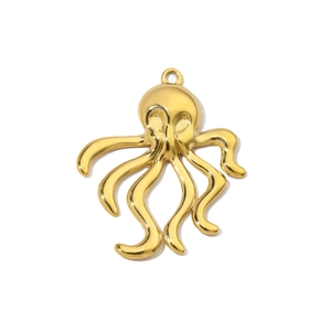 Detailed macro view of a 3D golden octopus charm made of polished stainless steel