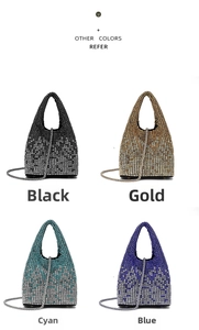 Collage of rhinestone bucket evening bags in black, gold, cyan, and blue options