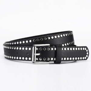 Punk style black PU leather belt with silver double-row metal studs and square buckle
