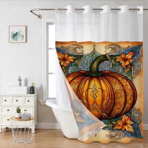 Dettaglio della tenda da doccia impermeabile con zucca di Halloween e foglie d'acero