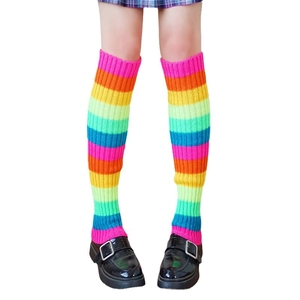Jambières tricotées Lolita rayures arc-en-ciel pour filles avec chaussures en cuir noir
