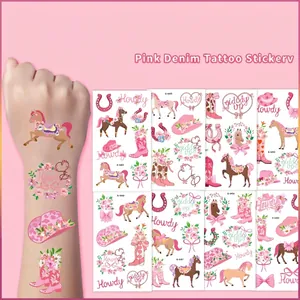 Pink Cowgirl Temporary Tattoo Stickers Waterproof Paper Flower Horse Bow Design Birthday Party Favor Decoration For Girls Kids