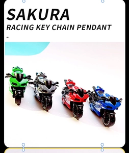 Detail showing motorcycle key chains in green, silver, red, and blue colors