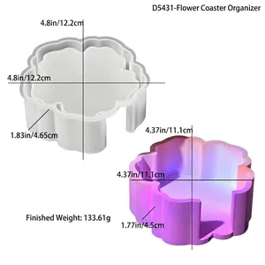 Detail view of flower-shaped silicone mold and coaster storage box with dimensions