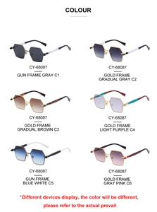 Macro view of polygon metal frame sunglasses in six gradient and solid color variants