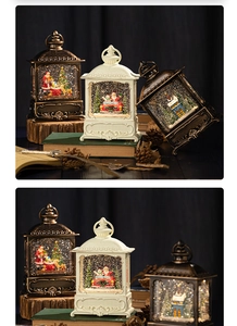 Close-up of retro Christmas lanterns with Santa scenes and warm glowing light