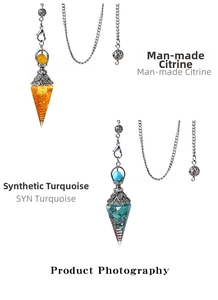 Macro detail of citrine and blue turquoise hexagonal pendants with ornate silver metal caps