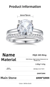 Macro detail of S925 sterling silver bridal ring set with 8mm round cut cubic zirconia