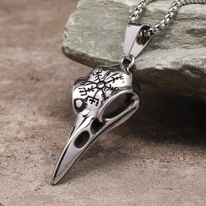 Vintage viking stainless steel crow skull pendant necklace with vegvisir compass symbol