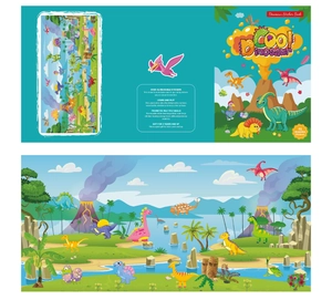 Detailed dinosaur world scene with over 41 reusable cartoon stickers for kids aged 3 and up