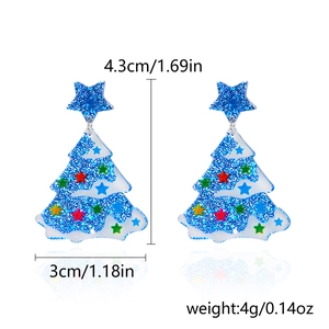 Detail view of blue glitter Christmas tree earrings with size measurements 4.3cm x 3cm
