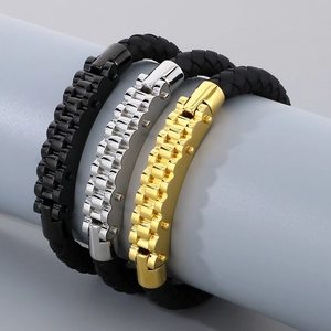 Detail of woven men's bracelets with unique gear-shaped metal clasps in three colors