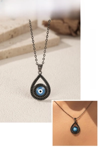 Detail of water drop evil eye pendant with black plating and micro-set dark zirconias