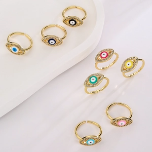 Evil Eye Open Ring Copper Gold Plated Adjustable Fashion Geometric Zircon Enamel Finger Jewelry For Women