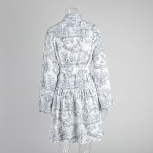 Vue arrière d'une robe courte à manches longues avec imprimé Toile de Jouy bleu et ceinture