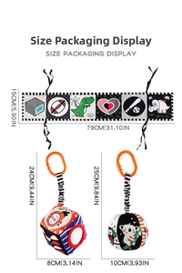 Detailed size chart for baby cloth book bumper and hanging rattle toys with dimensions
