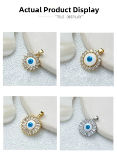 Detail display of four evil eye pendants with colorful zircon in gold and silver plating