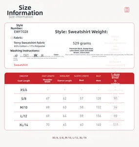 Size chart for cotton fleece tracksuit set showing measurements and fabric composition