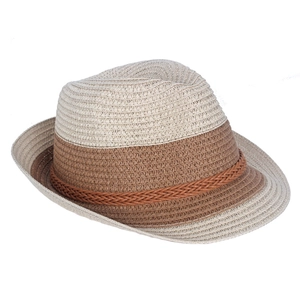 Detail of two-tone straw fedora hat featuring cream and light brown weave with a dark band