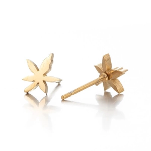 Golden leaf stud earrings in maple leaf design with front and side profile views
