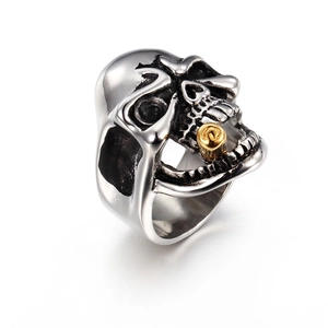 Mens Skull Ring Stainless Steel Punk Rock Hip Hop Gothic Jewelry With Gold Pipe Detail Vintage Biker Style