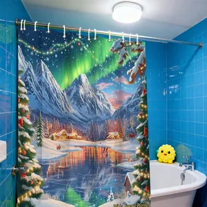 Detail of Christmas shower curtain featuring snowy mountains and festive aurora pattern