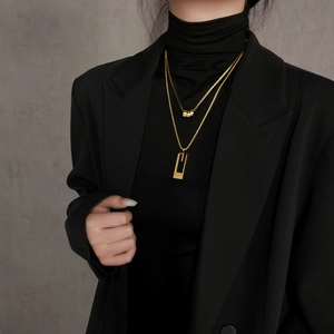 Double-layered gold titanium necklace set with rectangle pendant and beaded chain