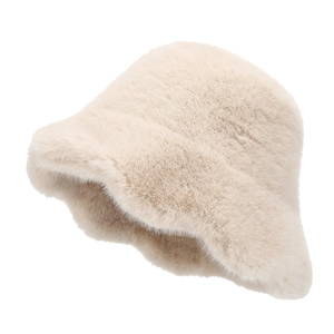 Elegant cream faux fur bucket hat for women with warm plush material and ruffle brim style