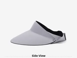 Side view detail of a foldable light gray visor hat with high-quality black seam piping