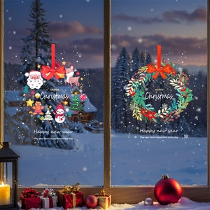 Christmas Window Clings Static PVC Stickers Reindeer Snowman Wreath Double Sided Holiday Glass Decals Home Shop Decor