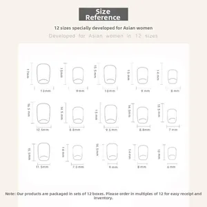 Detailed size chart showing 15 specifications for cat eye press-on nail dimensions