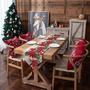 Christmas Table Runner Polyester Cotton Jacquard Poinsettia Pine Cone Pattern With Tassels Festive Holiday Dining Decor