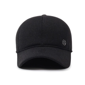 Thick black wool blend baseball cap with metal accent for men's winter outdoor protection