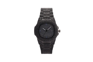 Macro view of black metal square watch encrusted with rhinestones and date display