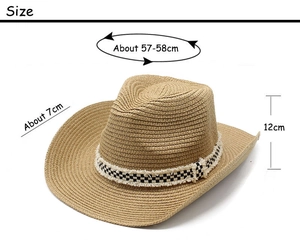 Western-Strohhut Details mit Größen: 57-58cm Kopfumfang und 7cm Rand mit Schachbrettmuster