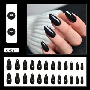Glossy black mirror almond press-on nails set including 24 pieces for long manicures