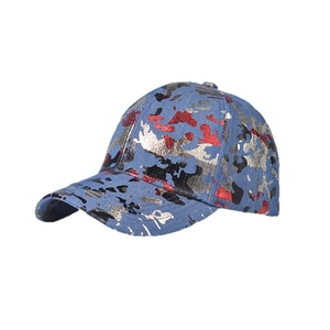 Unisex Chinese style baseball cap with blue denim fabric and artistic silver splatters