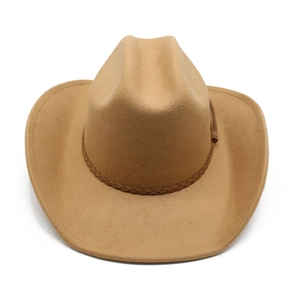 Detail of camel western cowboy hat featuring an intricate braided band on felt texture