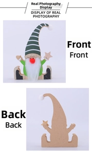 Front and back views of a wooden Christmas gnome ornament with green hat and star