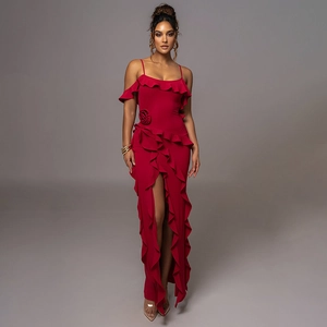 Sexy Spaghetti Strap Maxi Dress Ruffles High Split Backless 3D Flower Detail Elegant Evening Party Gown