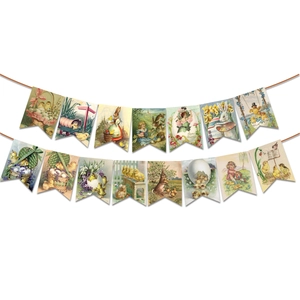 Vintage Easter bunny bunting banner with retro illustrations and floral patterns for party decor